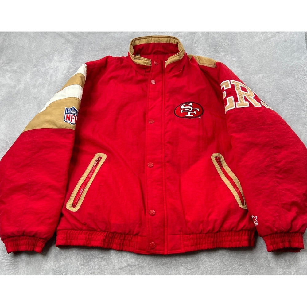 VTG Starter San Francisco 49ers Puffer Jacket‎ Red Gold XL 90s Bomber Big Logo